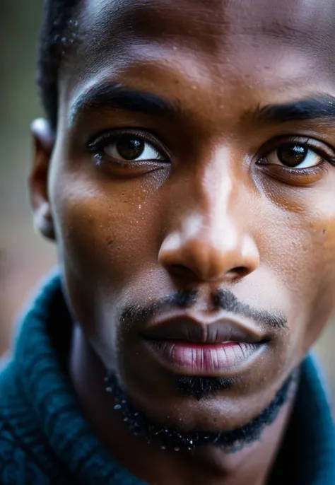portrait photography, a young thin man, African, Finland, sharp detailing, masterpiece, sharp focus face, half face in dark shadow, high contrast, vibrant colors, folk, fertility, lust, Häme, beech tree, (frost:1), mystical, magical, motion, movement, flowing, dynamic, punch, 120mm, focus on eye, detailed, professional, bokeh,