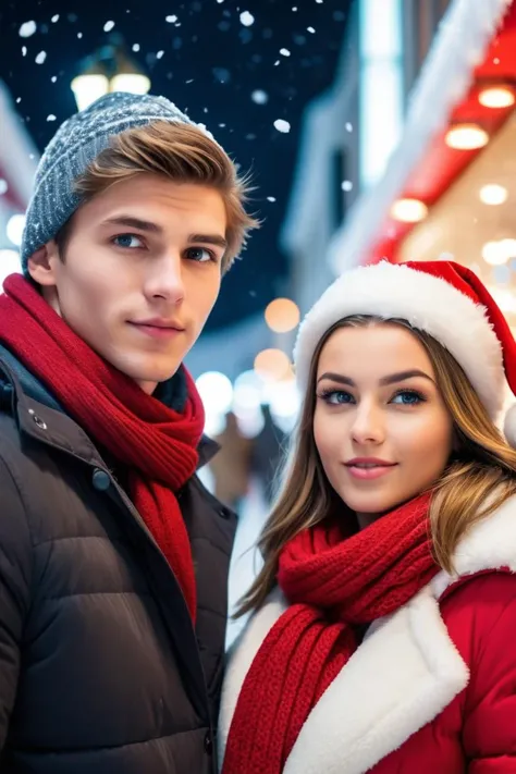 stock photo of a young daring couple shopping at christmas, looking at the camera, snow, winter, magical chemistry between them, (perfectly-lit, crisp focus, absurdres, 8k UHD, HDR, vivid color, depth of field, contrast, clarity, balance)