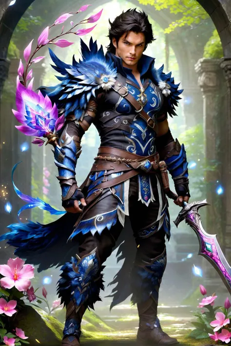 portrait, (full body:1.2), man, ruggedly handsome, solo, fantastical monster hunter costume design, Caucasian, dark hair, (athletic:0.1) build, magical weapons, magic power effects, magic swirls, magic colored bloom, extreme detail, ornate detail, exquisite detail, fine detail, <lora:DonMM4g1cXL:1> DonMM4g1cXL,