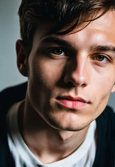 a close up of a man with a black jacket and a white shirt