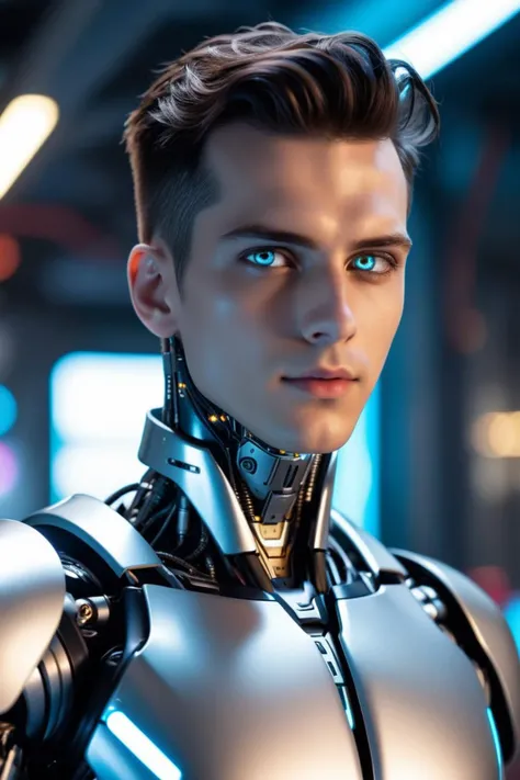 epic cyberpunk android young male model robot, silver eyes, (perfectly-lit, crisp focus, absurdres, 8k UHD, HDR, vivid color, depth of field, contrast, clarity, balance)