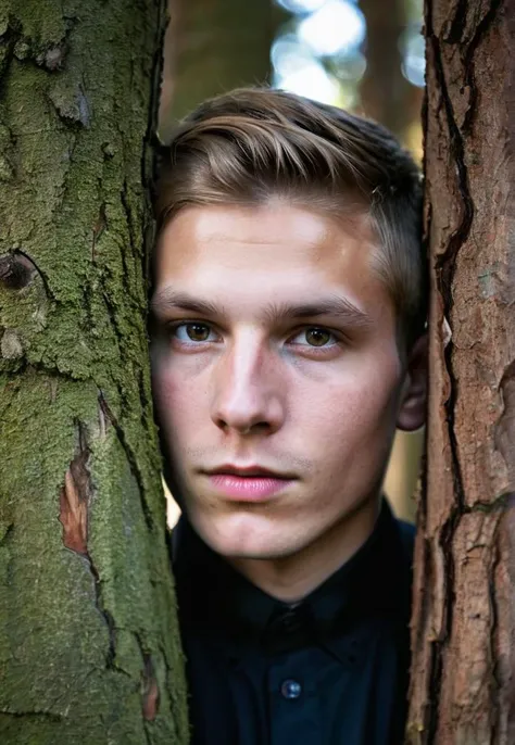 arafed young man leaning against a tree in a forest