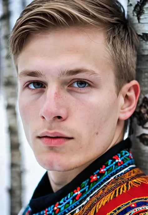 Portrait photography, a vulnerable young man, sharp detailing, masterpiece, sharp focus face, half face in shadow, high contrast, vibrant colors, finland, folk, Sami traditional clothing, fertility, birch tree,