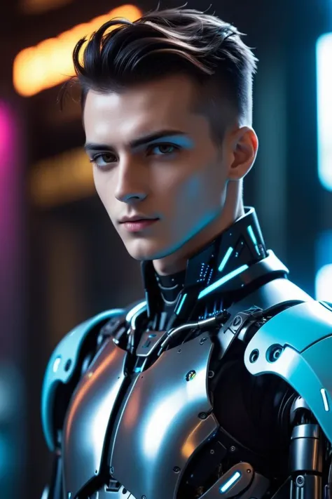 epic cyberpunk android young male model robot, (perfectly-lit, crisp focus, absurdres, 8k UHD, HDR, vivid color, depth of field, contrast, clarity, balance)