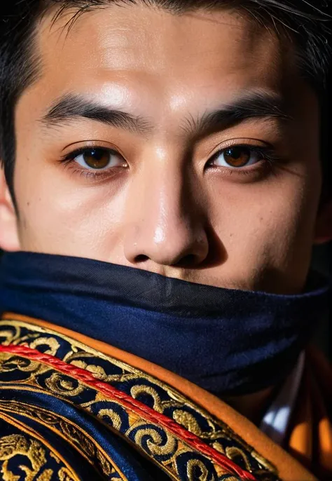 Portrait photography, a young man, Japanese, sharp detailing, masterpiece, sharp focus face, half face in shadow, high contrast, vibrant colors, dramatic, folk, Finland, Shinto, sharp focus eyes, sharp focus face, round iris, round pupil