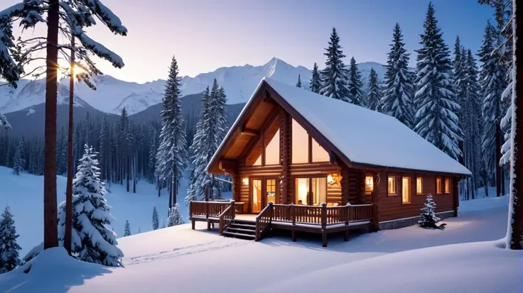 landscape vista, beautiful scenery, winter and snow, cozy vacation cabin nestled in a pine forest, highly detailed