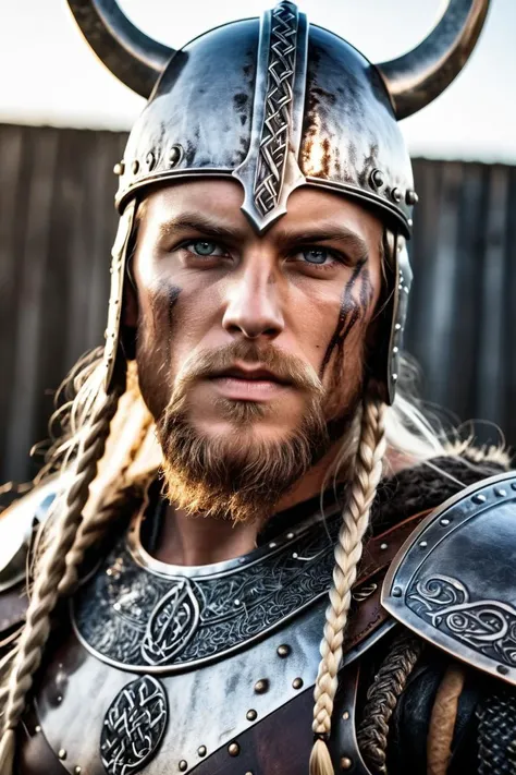 a close up of a man wearing a viking helmet and a long braid