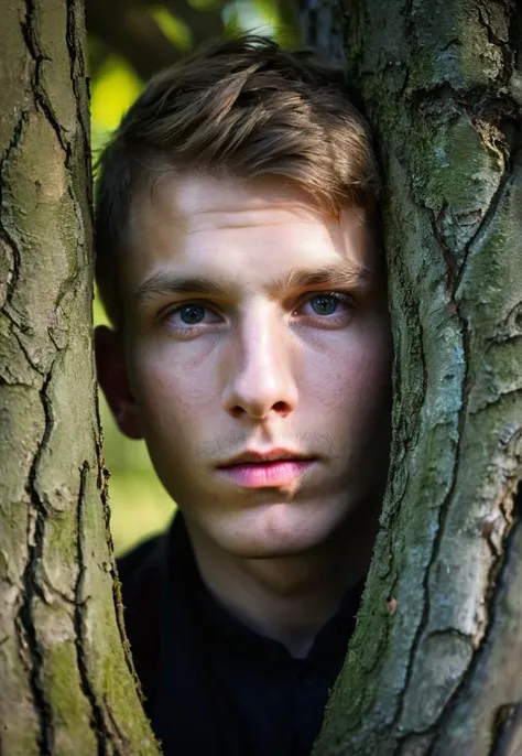 Portrait photography, a vulnerable young man, sharp detailing, masterpiece, sharp focus face, half face in shadow, high contrast, vibrant colors, folk, finland, fertility, banyan tree