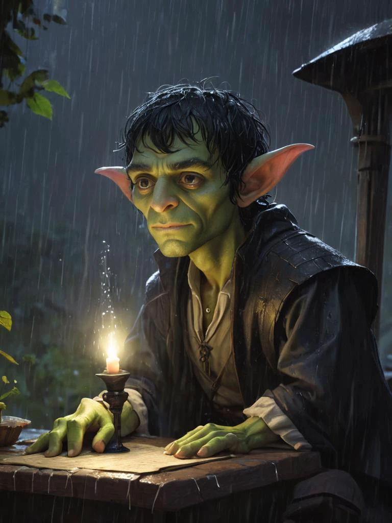 fantasy style 2.5D illustration of solo male Goblin Scribe with stubble and Black Bangs , Average build, Direct stare, turned away, Floating, during nighttime, in a fantasy medieval outdoors raining and wet, best quality, amazing quality, best aesthetic, absurdres