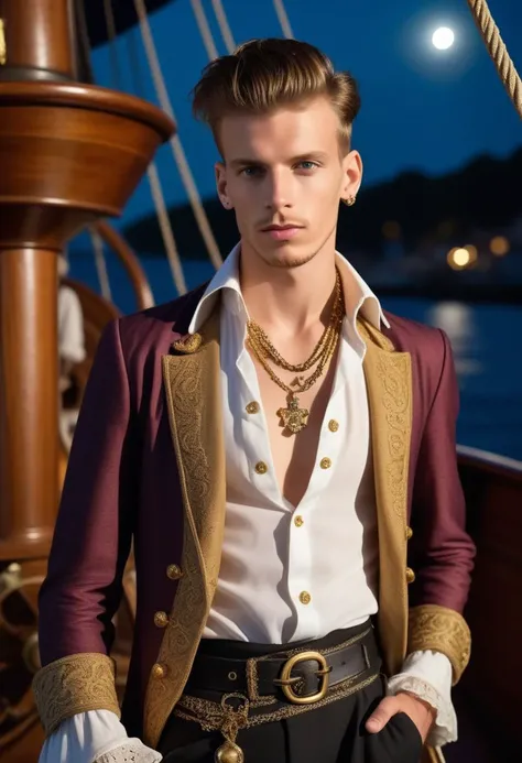 Portrait Photography of a cute skinny young male pirate on a pirate ship, elaborate clothing, sexy, jewellery, lavish, dandy, embroidered, luxury, Gaudy, bawdy, detailed skin, perfect anatomy, perfect face, beautiful, centered, looking at the camera, approaching perfection, dynamic, (moonlight:1.1), highly detailed, sharp focus, vibrant, clothing by jean paul gaultier and Alexander McQueen, (perfectly-lit, crisp focus, absurdres, 8k UHD, HDR, vivid color, depth of field, contrast, clarity, balance)