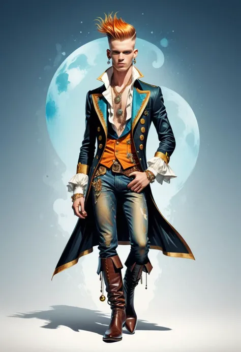 sticker of a cute skinny young male pirate, digital illustration, Warner Bros Looney Tunes, elaborate clothing, elaborate boots, sexy, bling, jewellery, lavish, dandy, embroidered, luxury, expensive, perfect anatomy, perfect face, butt showing aesthetically, abstract beauty, beautiful, centered, looking at the camera, approaching perfection, dynamic, moonlight, highly detailed, watercolor painting, animation, cartoon, artstation, concept art, smooth, sharp focus, vibrant, illustration, clothing by jean paul gaultier and Alexander McQueen, art by Carne Griffiths and pierre et gilles, <lora:sd_xl_offset_example-lora_1.0:0.5> <lora:xl_more_art-full_v1:0.5> <lora:professional:1>