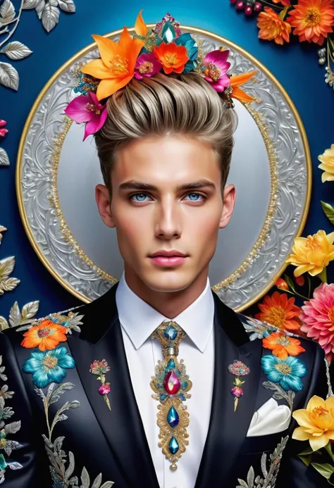 a close up of a man in a suit and tie surrounded by flowers