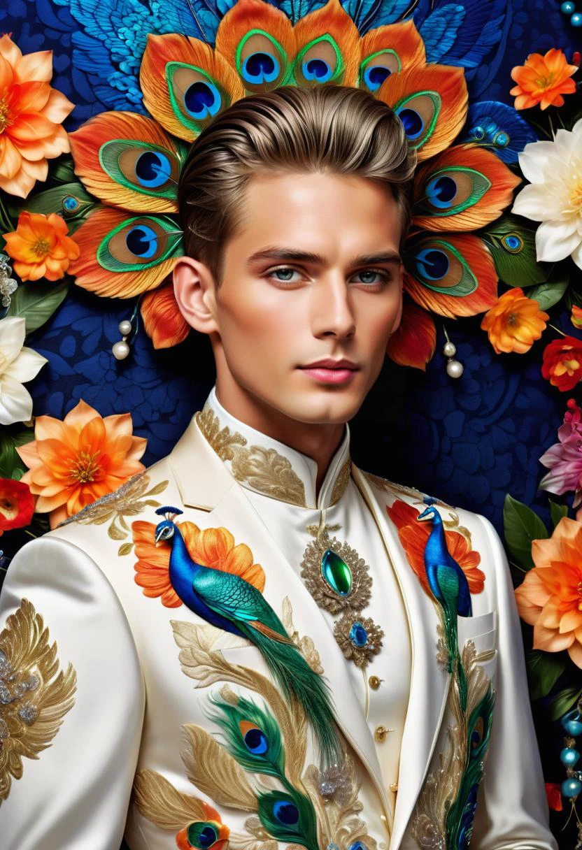 Beautiful photogenic male model suit glamorous beautiful colourful dreamy awesome elegant elaborate exquisite complex detailed centred futuristic advanced realism technology obsidian platinum silver fabulous intricate vivid bright vibrant colors metallic trim Pierre et Giles background awesome rich haute couture embroidery decorated embellished ultimate beauty sheen glamorous pearlized amazing hyperdetailed elegant elaborate couture elaborate hair style contrast frosty brushed matte luminous background religious iconography trinkets objects peacock flowers Pierre et Giles elaborate ornate polished glistening background vibrant colors Silver Onyx Orchid Red Crimson detailed trim beautiful awesome superb sheen 3d Pierre et Giles vibrant colors large eyes gorgeous beautiful colourful masculine facial features strut assertive confident bold beautiful superb metallic highlights 8k vibrant vivid colours Pierre et Giles style silver foil in focus gorgeous superb sublime awesome ultrarealistic <lora:SDXLFaeTastic2400:0.8>