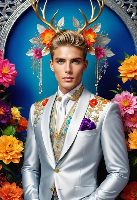 a close up of a man in a suit with a deer antlers head