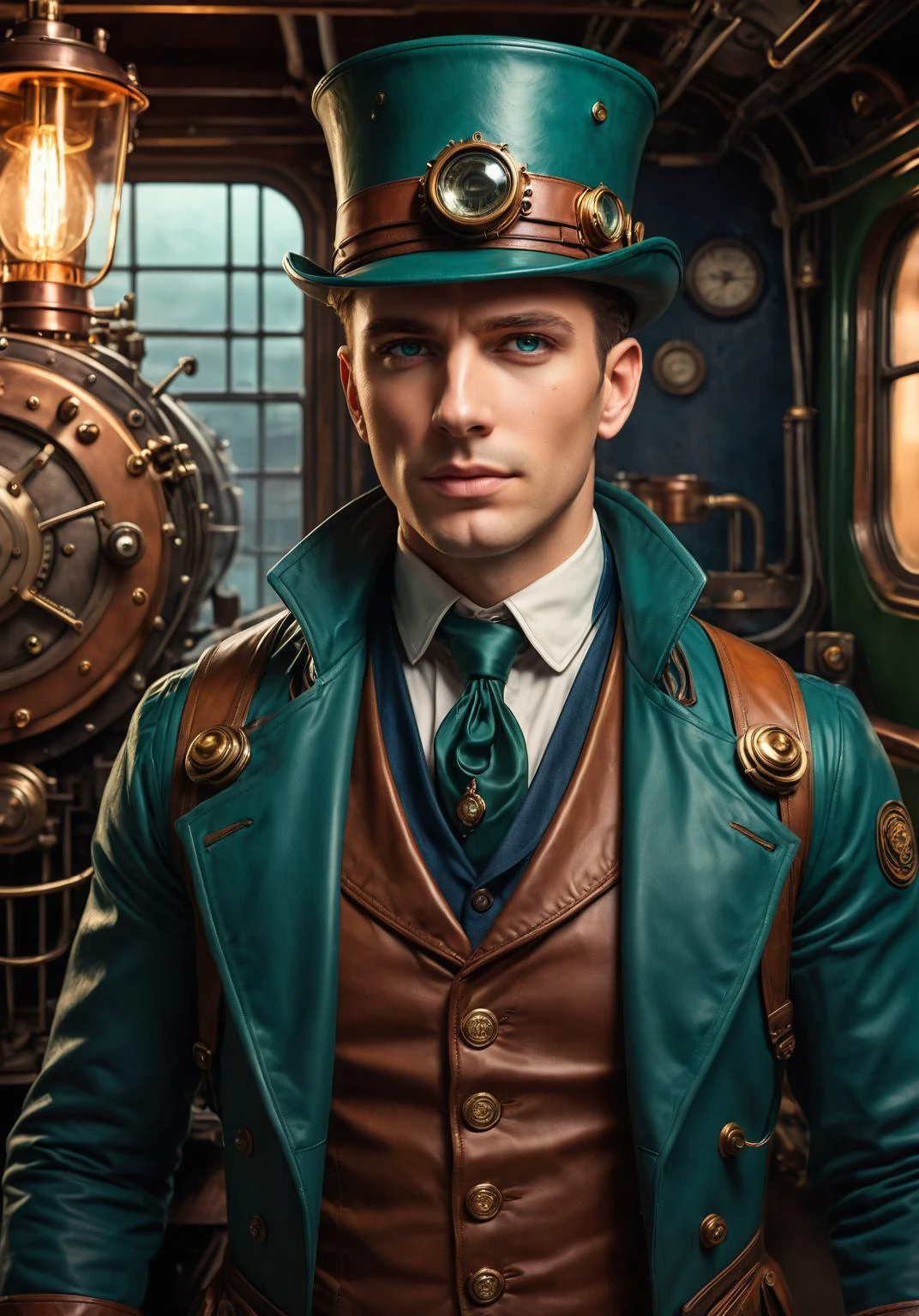 cinematic close up Head portrait, best quality, distinguished slim male steampunk adventurer in his 20's, preparing for a locomotive train adventure, steampunk designed locomotive train adventure, hat, vest, coat, leather, silk, dressed for adventure, friendly, camaraderie, copper aquamarine navy green gold color palette, volumetric lighting. <lora:SDXLFaeTastic2400:0.7> <lora:repair_slider:1> <lora:fix_hands:1> ziprealism
