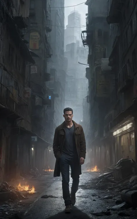 a man walking down a street in a city with buildings