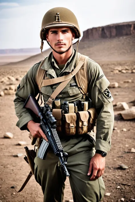 photojournalism, ruggedly handsome soldier in the middle of a battlefield