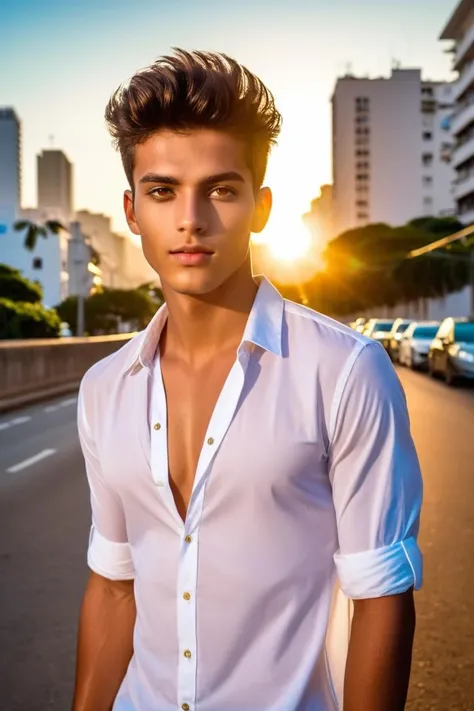 professional photograph of a brazilian young adult alluring male model, on the streets of Rio, open shirt, golden hour, detailed eyes, (perfectly-lit, crisp focus, absurdres, 8k UHD, HDR, vivid color, depth of field, contrast, clarity, balance)