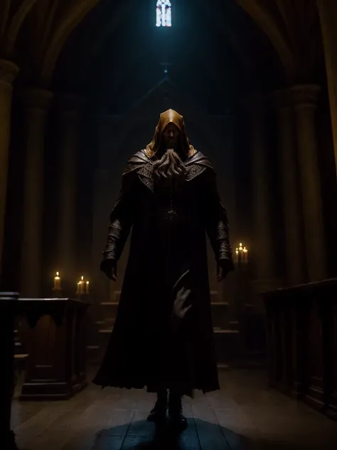cinematic film still of Hastur, he is in the pulpit of a church, a large upside downed cross is behind him, shallow depth of field, vignette, highly detailed, high budget Hollywood movie, bokeh, cinemascope, moody, epic, gorgeous, film grain, grainy <lora:Hastur:1>