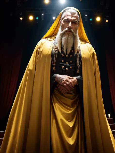 cinematic portrait photo of king in yellow, he is on the stage of a 1930s theatre, he has a long white beard, 35mm photograph, film, bokeh, professional, 4k, highly detailed <lora:Hastur:.1>