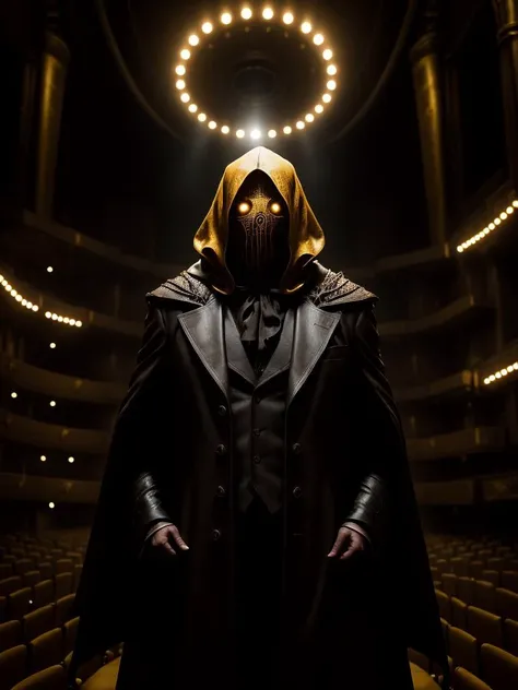 cinematic portrait photo of Hastur, he is on the stage of a 1930s theatre, 35mm photograph, film, bokeh, professional, 4k, highly detailed <lora:Hastur:.7>