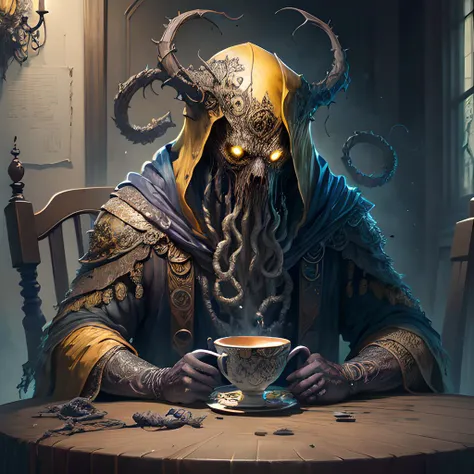 (concept art), ((best quality)), ((masterpiece)), (detailed:1.4), (intricate details), (ultra high res), <lora:Hastur-000001:1>, hastur, king in yellow, monster, surrealism, nightmarish, drinking a cup of tea at a table