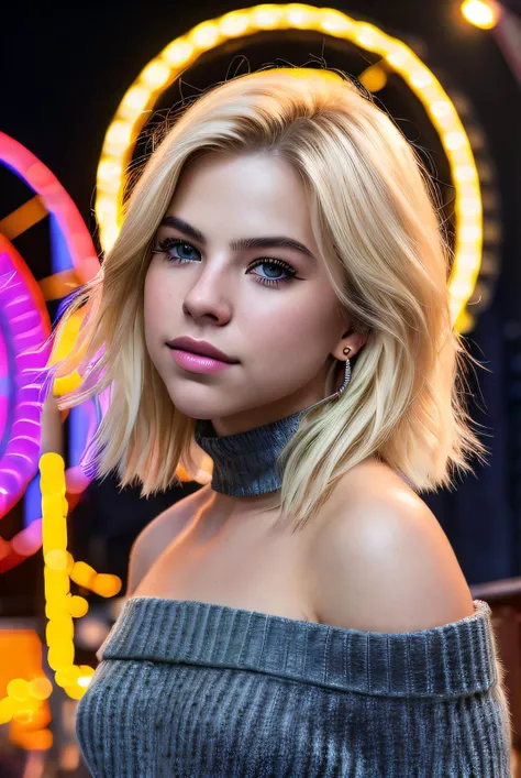 ((Selfie:1.1)), (raw:1.1) photo of (blonde Maj1j3j01-1200:0.99), a woman as a model, modelshoot style, (extremely detailed CG unity 8k wallpaper), photo of the most beautiful artwork in the world, professional majestic oil painting by Ed Blinkey, Atey Ghailan, Studio Ghibli, by Jeremy Mann, Greg Manchess, Antonio Moro, trending on ArtStation, trending on CGSociety, Intricate, High Detail, Sharp focus, dramatic, photorealistic painting art by midjourney and greg rutkowski, (at night:1.2), (dimly lit), (neon lights:1.2), (carnival:1.1), (makeup:1.1), ((rollercoaster in background)), ((off the shoulder sweater:1.2)), (looking at viewer:1.3), (detailed pupils:1.3), (modern outfit:1.2), (club makeup:1.2), (close up:1.3), (earrings), <lora:LowRa_2:0.2>