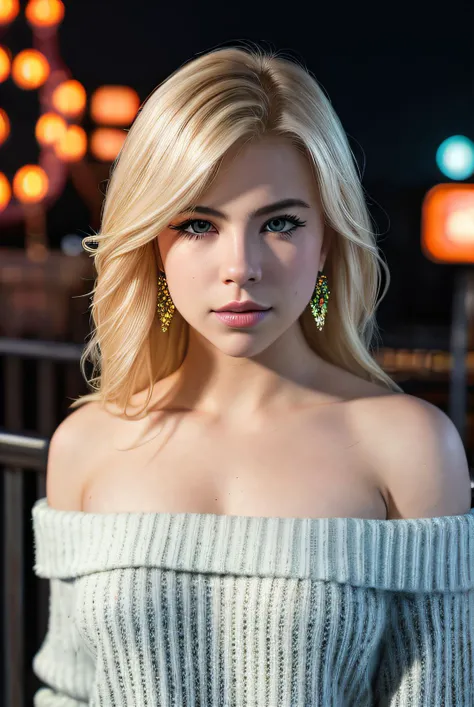 ((Selfie:1.1)), (raw:1.1) photo of (blonde Maj1j3j01-1200:0.99), a woman as a model, modelshoot style, (extremely detailed CG unity 8k wallpaper), photo of the most beautiful artwork in the world, professional majestic oil painting by Ed Blinkey, Atey Ghailan, Studio Ghibli, by Jeremy Mann, Greg Manchess, Antonio Moro, trending on ArtStation, trending on CGSociety, Intricate, High Detail, Sharp focus, dramatic, photorealistic painting art by midjourney and greg rutkowski, (at night:1.2), (dimly lit), (neon lights:1.2), (carnival:1.1), (makeup:1.1), ((roller-coaster in background)), ((off the shoulder sweater:1.2)), (looking at viewer:1.3), (detailed pupils:1.3), (modern outfit:1.2), (club makeup:1.2), (close up:1.3), (earrings), <lora:LowRa_2:0.2>