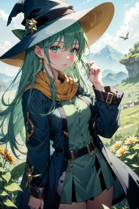 1girl, arm_support, bangs, belt, bird, blush, breasts, cloud, day, dress, earrings, eyebrows_visible_through_hair, green_eyes, green_hair, hat, hat_bow, jewelry, long_hair, long_sleeves, looking_at_viewer, medium_breasts, mountain, outdoors, scarf, sitting, sky, solo, thighs, witch_hat