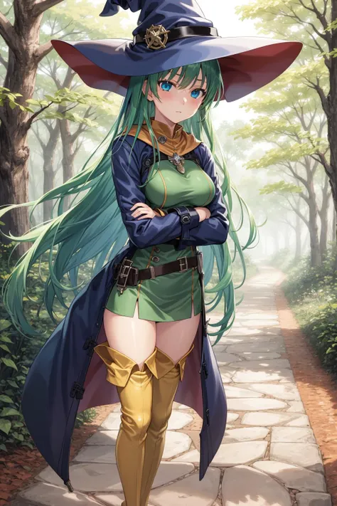 1girl, solo, masterpiece, best quality, highly detailed, illustration, shizuka masou, outdoors, forest, standing, arms crossed, yellow boots, thighhighs, thigh boots, belt, coat, witch hat, medium breasts, green hair, blue eyes, very long hair, straight hair, expressionless, <lora:shizuka-10:0.5>