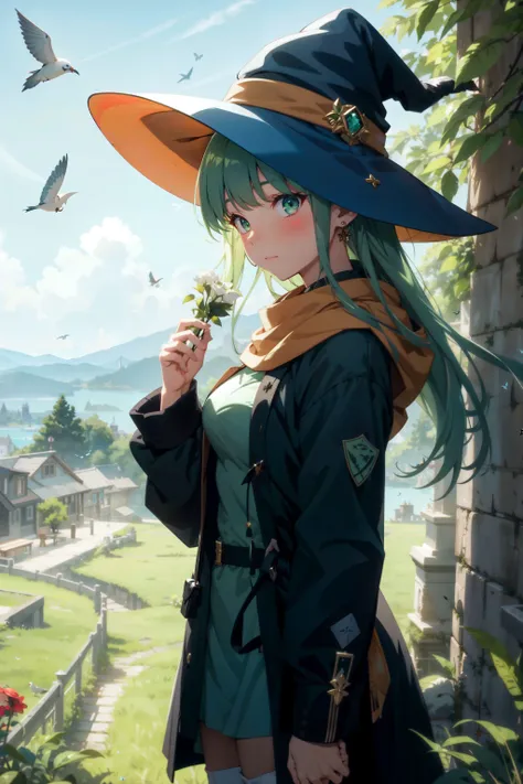 1girl, animal, animal_on_head, bangs, bat, bird, bird_on_hand, bird_on_head, bird_on_shoulder, blue_sky, blush, breasts, bug, building, butterfly, castle, cloud, coat, cowboy_shot, cross_earrings, crow, day, dove, earrings, flock, flower, green_eyes, green_hair, hat, holding, jewelry, long_hair, long_sleeves, looking_at_viewer, medium_breasts, on_head, open_clothes, open_coat, outdoors, palm_tree, parrot, pigeon, plant, scarf, seagull, skirt, sky, solo, standing, thighhighs, tree, white_butterfly, witch, witch_hat