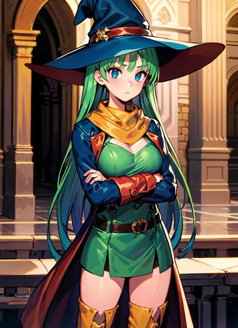 1girl, solo, masterpiece, best quality, highly detailed, illustration, shizuka masou, indoor, castle, stone wall, banner, standing, (cowboy shot), (arms crossed), yellow boots, thighhighs, thigh boots, yellow scarf, belt, coat, witch hat, medium breasts, green hair, blue eyes, very long hair, straight hair, expressionless,