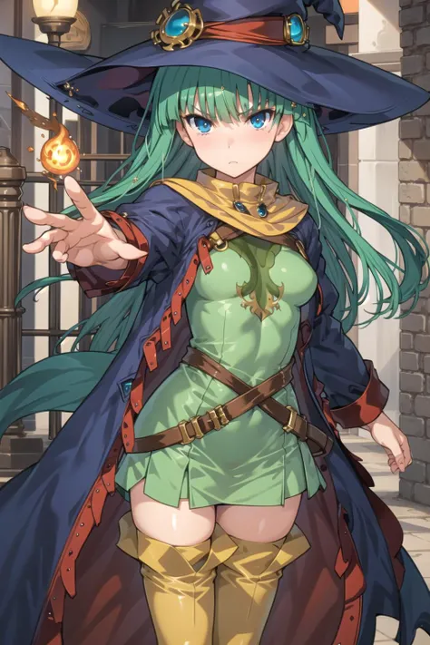 1girl, solo, masterpiece, best quality, highly detailed, illustration, shizuka masou, indoors, dungeon, magic circle, casting spell, outstretched arm, fireballs, standing, cloak, yellow thigh boots, witch hat, medium breasts, angry, <lora:ShizukaV2:0.7>