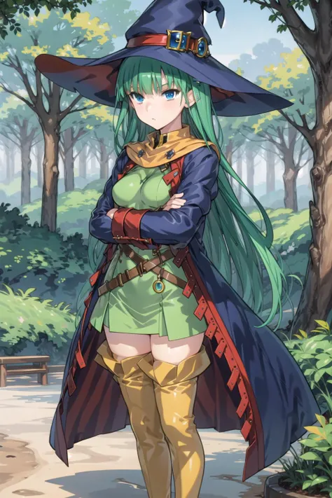 1girl, solo, masterpiece, best quality, highly detailed, illustration, shizuka masou, outdoors, forest, standing, arms crossed, yellow boots, thighhighs, thigh boots, belt, coat, witch hat, medium breasts, expressionless, <lora:ShizukaV2:0.7>