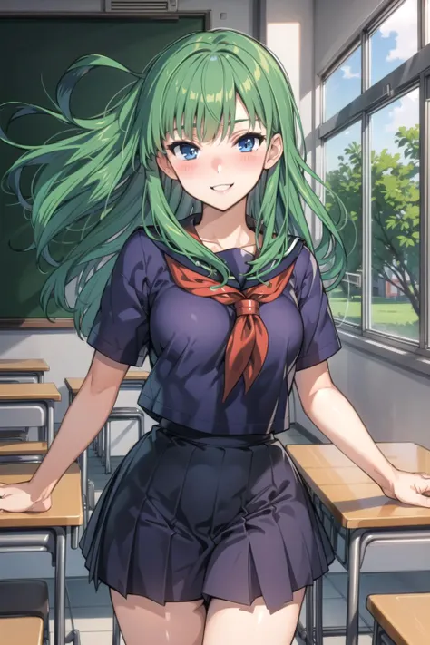 1girl, solo, masterpiece, best quality, highly detailed, illustration, shizuka masou, classroom, standing, (school uniform, serafuku), skirt, medium breasts, smile, blush, <lora:ShizukaV2:0.7>