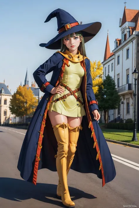 professional photo of shizuka masou, yellow boots, thighhighs, thigh boots, belt, coat, witch hat,
detailed skin, detailed eyes, mage castle,
photo made with Canon EOS in naturalistic style photography,
popular on artstation, popular on deviantart, popular on flicker,
<lora:ShizukaV2:0.65:MIDD>