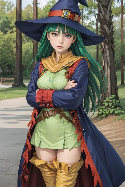 1girl, solo, masterpiece, best quality, highly detailed, illustration, shizuka masou, outdoors, forest, standing, arms crossed, yellow boots, thighhighs, thigh boots, belt, coat, witch hat, medium breasts, expressionless, <lora:ShizukaV2:0.7>