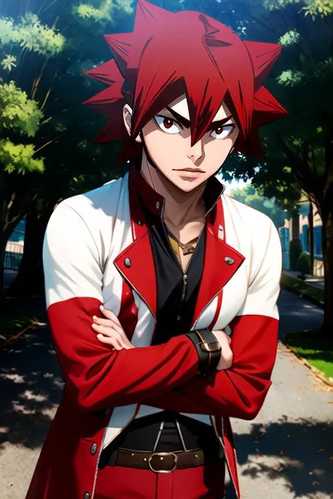 (best quality:1.1), (masterpiece:1.4), , looking at viewer, , depth of field, , (semi-realistic:1.4), 1boy, solo, male focus, <lora:shoukichi_naruko:0.98>, shoukichi_naruko, red hair, red eyes, spiked hair, greek costume, steampunk,