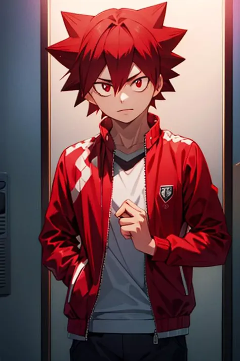 photorealistic, (4k), depth of field, (Masterpiece), (realistic skin texture), extremely detailed, intricate, hyper detailed, high resolution, professional photography, , depth of field, sharp detail, best quality, looking at viewer, 1boy, solo, male focus, <lora:shoukichi_naruko:0.76>, shoukichi_naruko, red hair, red eyes, spiked hair, jacket, , locker room, HDR