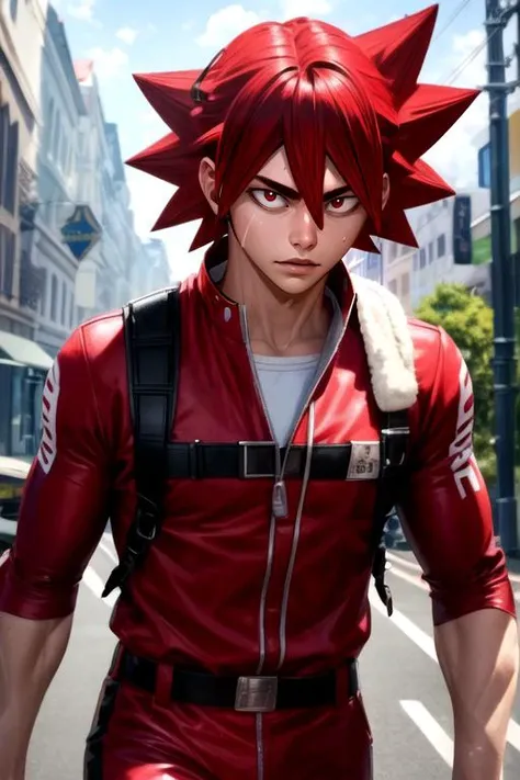 photorealistic, (4k), depth of field, (Masterpiece), (realistic skin texture), extremely detailed, intricate, hyper detailed, high resolution, professional photography, , depth of field, sharp detail, best quality, , 1boy, solo, male focus, <lora:shoukichi_naruko:0.94>, shoukichi_naruko, red hair, red eyes, spiked hair, firefighter costume, ,