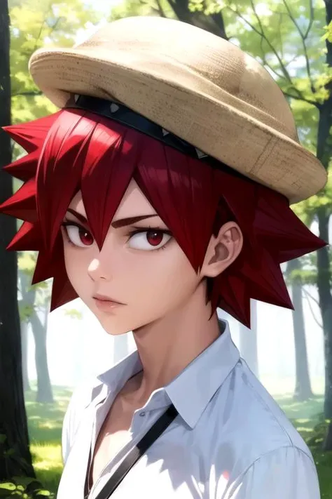 photorealistic, (4k), depth of field, (Masterpiece), (realistic skin texture), extremely detailed, intricate, hyper detailed, high resolution, professional photography, , depth of field, sharp detail, best quality, looking at viewer, 1boy, solo, male focus, <lora:shoukichi_naruko:0.74>, shoukichi_naruko, red hair, red eyes, spiked hair, , hat, The Enchanted Forest,