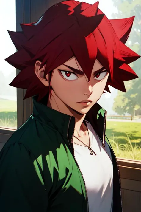 photorealistic, (4k), depth of field, (Masterpiece), (realistic skin texture), extremely detailed, intricate, hyper detailed, high resolution, professional photography, , depth of field, sharp detail, best quality, looking at viewer, 1boy, solo, male focus, <lora:shoukichi_naruko:0.9>, shoukichi_naruko, red hair, red eyes, spiked hair, , , Narnia: A land of talking animals and magical creatures, ruled by Aslan the lion,