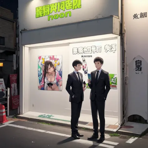 best quality, ultra-detailed, illustration,
annaizyo, storefront, road, scenery, sign, neon lights, night, outdoors, graffiti, street,
2boys, business suit, necktie, standing, looking at another,
<lora:annaizyo_SD15_V1:0.6>