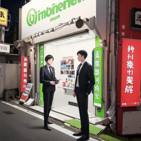 best quality, ultra-detailed, illustration,
annaizyo, storefront, road, scenery, sign, neon lights, night, outdoors, graffiti, street,
2boys, business suit, necktie, standing, looking at another,
<lora:annaizyo_SD15_V1:0.6>
