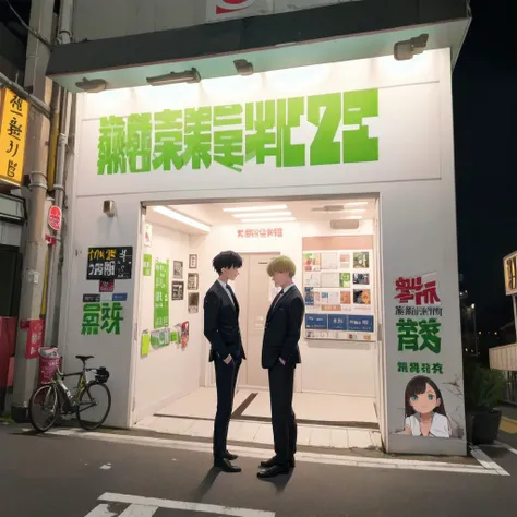 best quality, ultra-detailed, illustration,
annaizyo, storefront, road, scenery, sign, neon lights, night, outdoors, graffiti, street,
2boys, business suit, necktie, standing, looking at another,
<lora:annaizyo_SD15_V1:0.6>