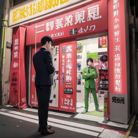 best quality, ultra-detailed, illustration,
annaizyo, storefront, road, scenery, sign, neon lights, night, outdoors, graffiti, street,
2boys, business suit, necktie, standing, looking at another,
<lora:annaizyo_SD15_V1:0.6>