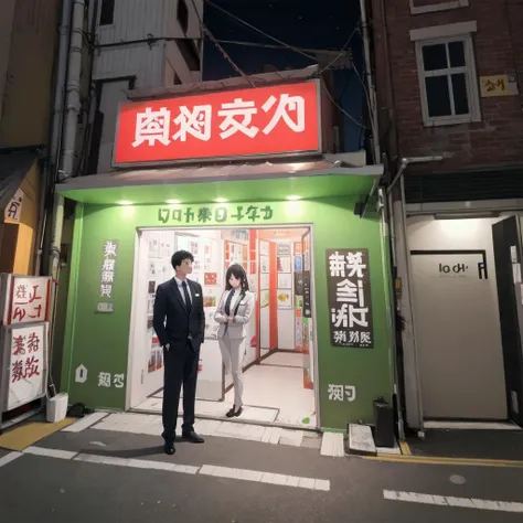 best quality, ultra-detailed, illustration,
annaizyo, storefront, road, scenery, sign, neon lights, night, outdoors, graffiti, street,
2boys, business suit, necktie, standing, looking at another,
<lora:annaizyo_SD15_V1:0.6>