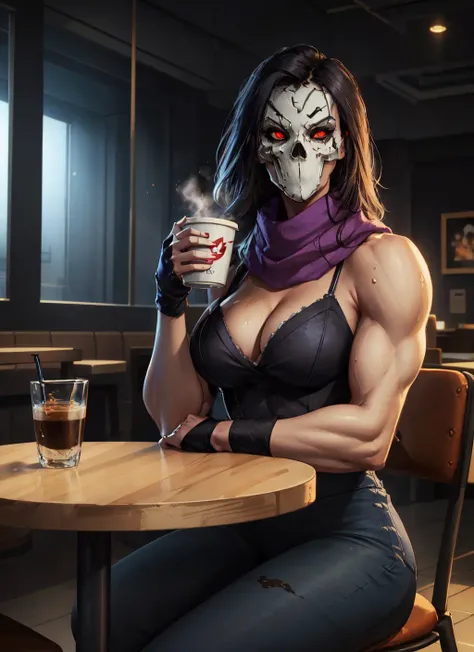 1girl, thedeath sitting in cafe, drinking coffee, cup, mask, faceless, scarf, cleavage, glowing eyes, muscular, cafe indoors, neon, volumetric lighting, best quality, masterpiece, realistic, <lora:sxz-the-death:0.7>