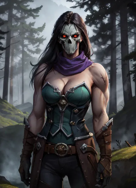 1girl, cowboy shot of thedeath, faceless, mask, scarf, cleavage, glowing eyes, muscular, forest, tree, volumetric lighting, best quality, masterpiece, realistic, <lora:sxz-the-death:0.7>