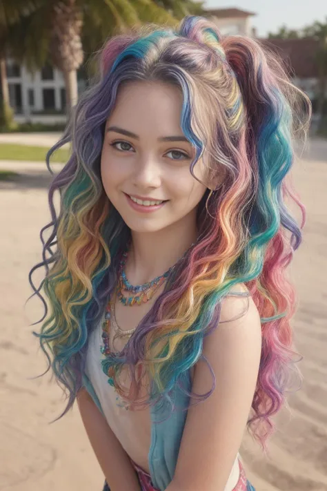 1girl,(wavy rainbow hair:1.2), necklace,  (standing:1.3),  smile,  pale skin, (detailed face:1.2), (photorealistic:1.5), (masterpiece:1.2), (best quality:1.2),
 <lora:epiCRealismHelper:0.5> <lora:add_detail:0.4>